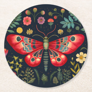 Rote Motte im Nachtgarten Runder Pappuntersetzer