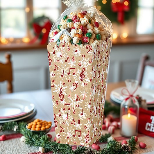 Rote Musik und Schnee auf Papiertüte sehen aus Geschenkschachtel