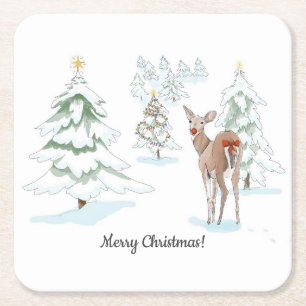 Rote Nase Deer im Snowy Wood Holiday Rechteckiger Pappuntersetzer
