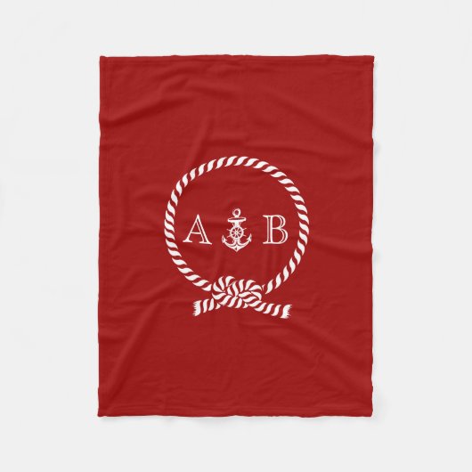 Rote Nautische Seile und Anker Mit Monogramm Fleecedecke (Vorderseite)