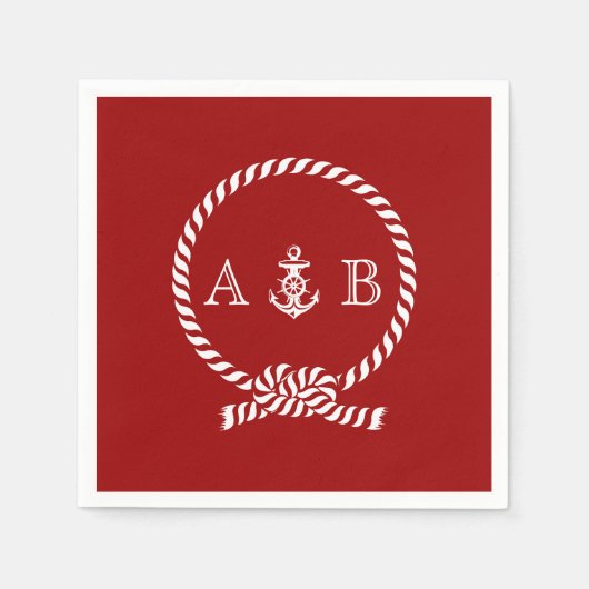Rote Nautische Seile und Anker Mit Monogramm Serviette (Vorderseite)