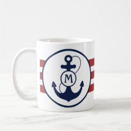 Rote nautische Streifen mit Anker und Monogramm Kaffeetasse