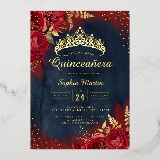 Rote Navy, Floral Quinceanera Folieneinladung (Vorderseite)