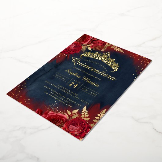 Rote Navy, Floral Quinceanera Folieneinladung (Gedreht)