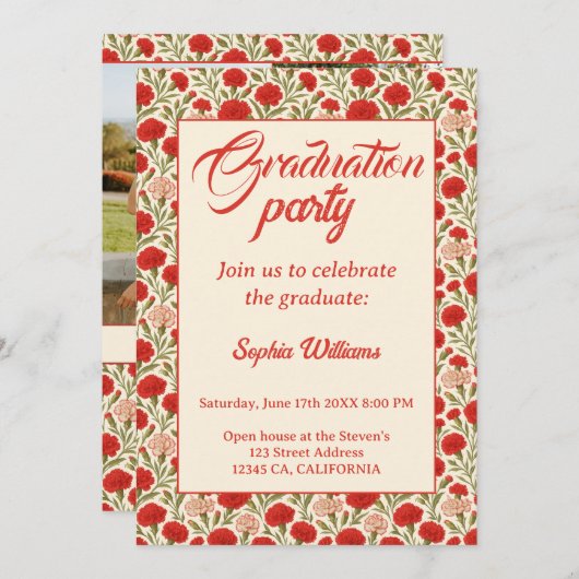 Rote Nelke Blume Abschluss Einladung (Vorne/Hinten)