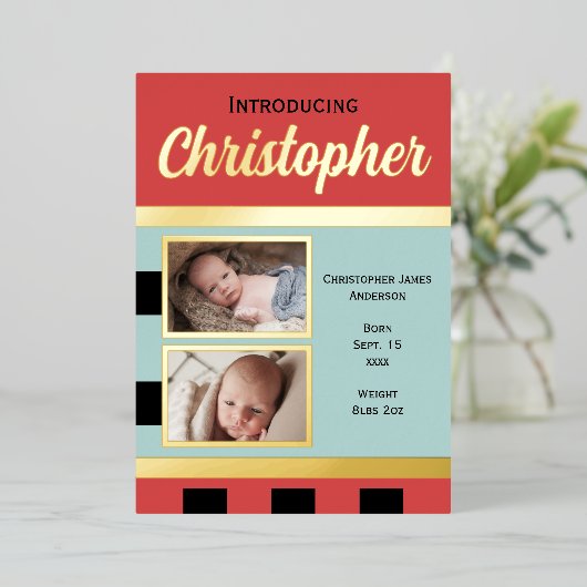 Rote neue Babyankündigung Goldfolie-Flachbildschir Folieneinladung (Stehend vorne)