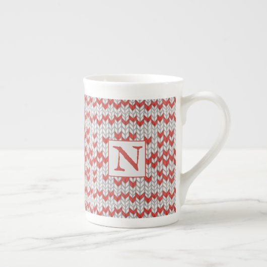 ROTE NORDISCHE STRICK Bone China Tasse + Initiale (Rechts)