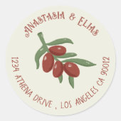 Rote Oliven auf einer Zweigstelle Eleganter Umschl Runder Aufkleber (Vorderseite)