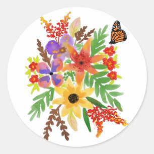 Rote Orange Gelbe Aquarellblumen Schmetterling  Runder Aufkleber
