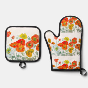 Rote Orange Gelbe Mohnblumen Klatschmohn Blumen Ofenhandschuh & Topflappen-Set