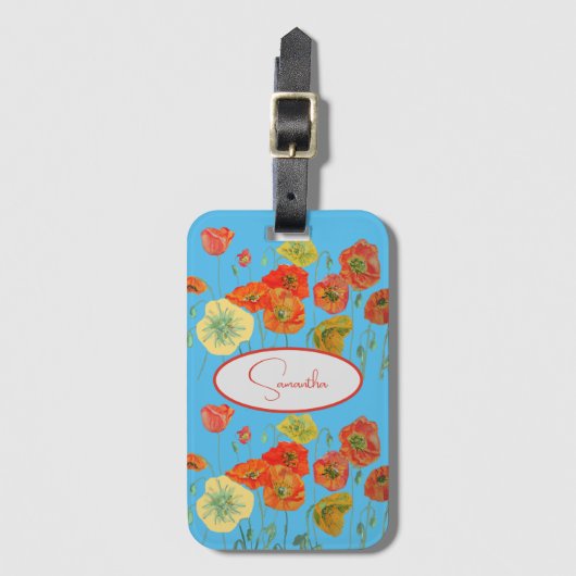 Rote Orange Mohn Mohnblumen floral Blau Mädchen Na Gepäckanhänger (Vorderseite Vertikal)