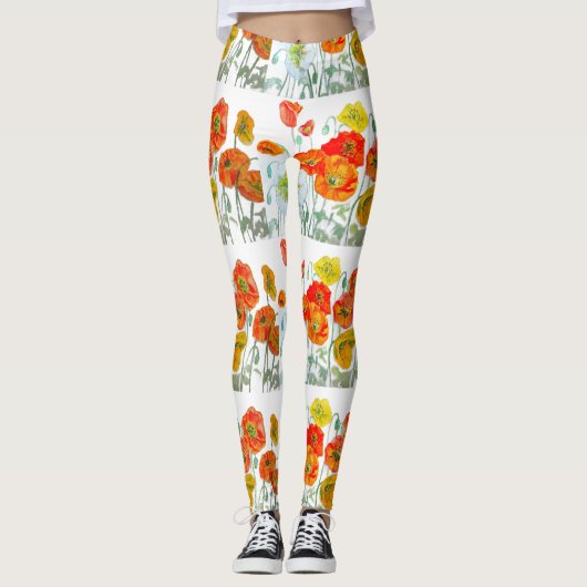 Rote Orange Mohnblume Aquarell Mohn Leggings (Vorderseite)