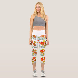 Rote Orange Mohnblume Aquarell Mohnblumen Capri Leggings