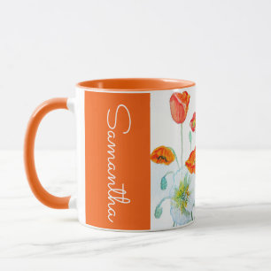 Rote Orange Mohnblumen-Aquarell-Frauen-Mohnblumen  Tasse