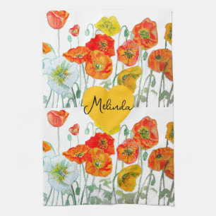 Rote Orange Mohnblumen-Aquarell-Frauenname Geschirrtuch