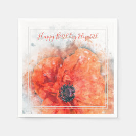 Rote Orange Wasserfarbe Mohnblume Blume Geburtstag Serviette