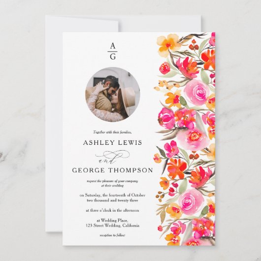 Rote orangefarbene Blumeninitialen Foto Hochzeit Einladung (Vorderseite)