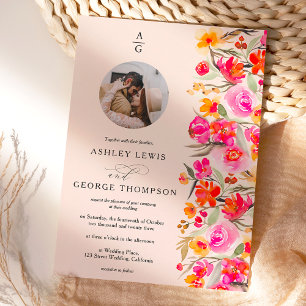 Rote orangefarbene Blumeninitialen Foto Hochzeit Einladung