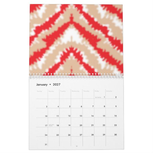 Rote, orangefarbene und rosa Texturmuster und Moti Kalender (Jan 2027)