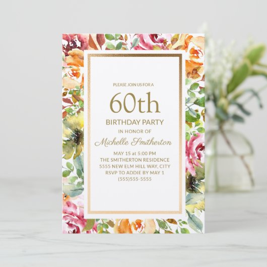 Rote Orangen Blumengrün Blätter Gold 60. Geburtsta Einladung (Stehend Vorderseite)