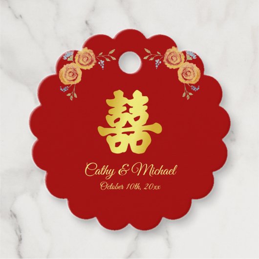 Rote Orangenblüte Chinesische Hochzeit doppeltes G Geschenkanhänger (Vorderseite)