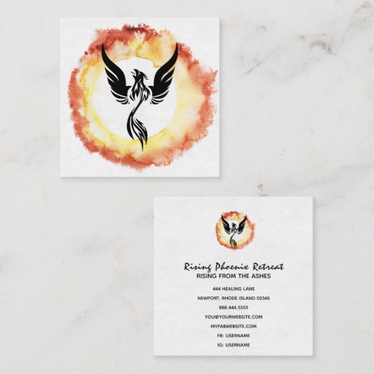 *~* Rote Orangenflame Schwarzer Phönix Brandring Quadratische Visitenkarte (Vorne/Hinten)