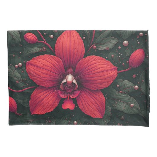 Rote Orchidee blüht mit grünen Blättern Kissenbezug (Vorderseite)