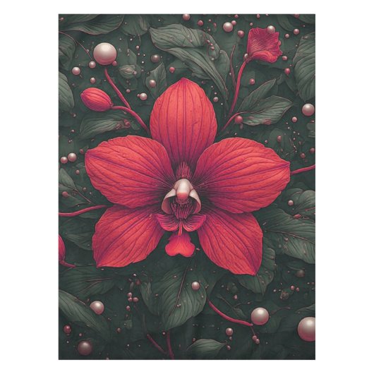 Rote Orchidee blüht mit grünen Blättern Tischdecke (Vorderseite)