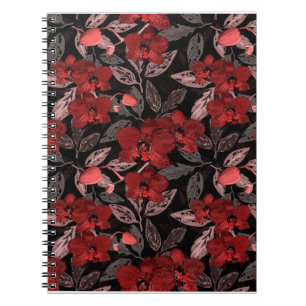 Rote Orchideen auf schwarz. Notizblock
