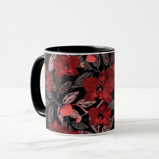 Rote Orchideen auf schwarz. Tasse (Vorderseite Links)