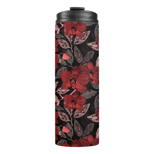 Rote Orchideen auf schwarz. Thermosbecher (Vorderseite)