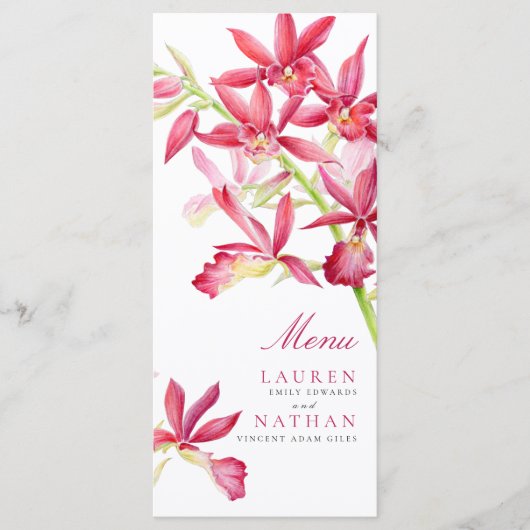 Rote Orchideen Blume Hochzeitsmenü Menükarte (Vorderseite)