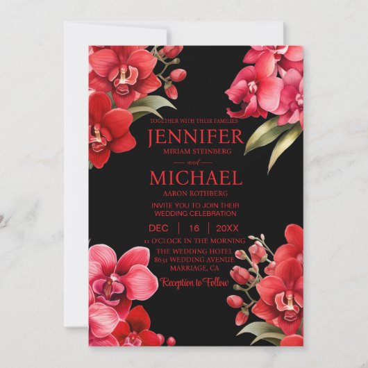 Rote Orchideen in einer Einladung zur Hochzeit (Vorderseite)