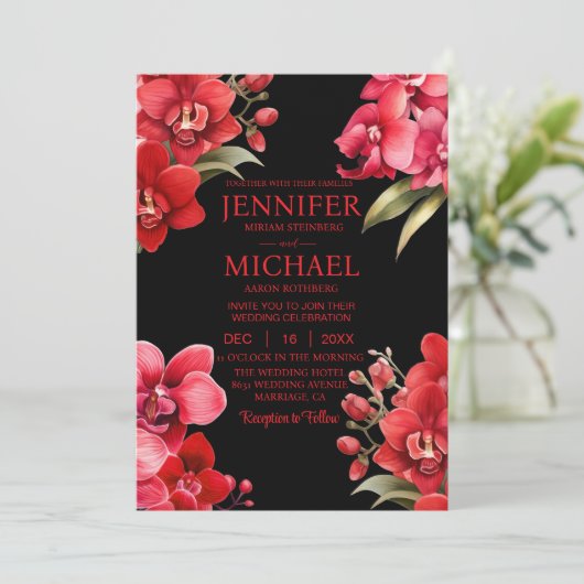 Rote Orchideen Winter Sommerhochzeit Einladungen (Stehend Vorderseite)
