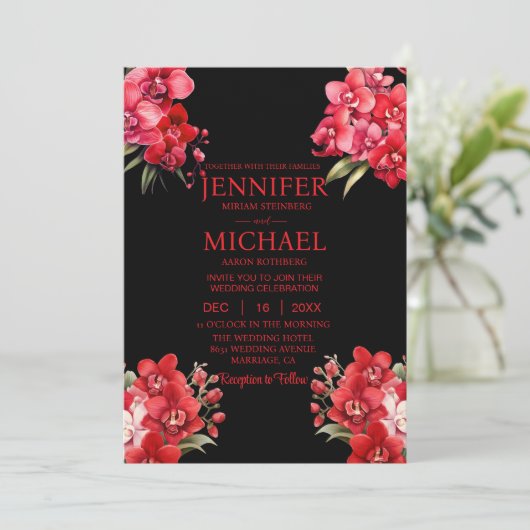 Rote Orchideen Winter Sommerhochzeit Einladungen (Stehend Vorderseite)