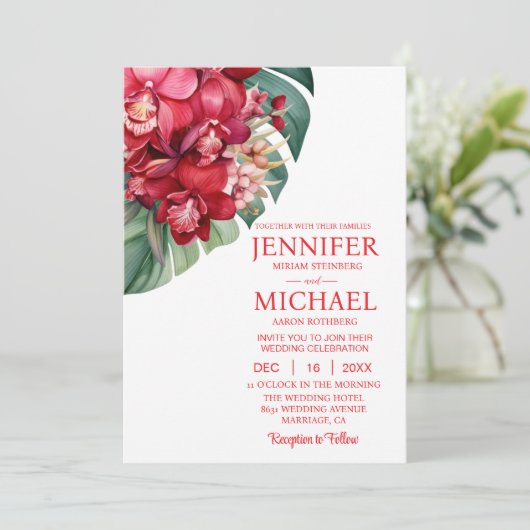 Rote Orchideen Winter Sommerhochzeit Einladungen (Stehend Vorderseite)