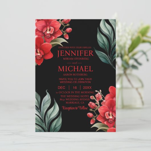 Rote Orchideen Winter Sommerhochzeit Einladungen (Stehend Vorderseite)