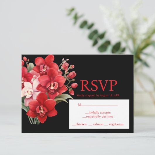 Rote Orchids Menü Auswahl UAWG Response Card RSVP Karte (Stehend Vorderseite)