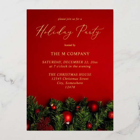 Rote Ornamente & Garland Urlaub Folieneinladung (Vorderseite)