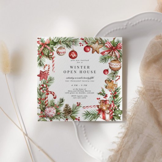 Rote Ornamente Grünes Border Square Open House Einladung