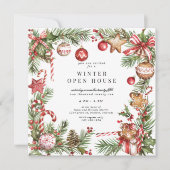 Rote Ornamente Grünes Border Square Open House Einladung (Vorderseite)