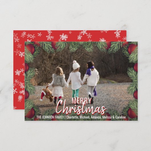 Rote Ornamente Weihnachtsfamilie | FOTO Einladung (Vorne/Hinten)