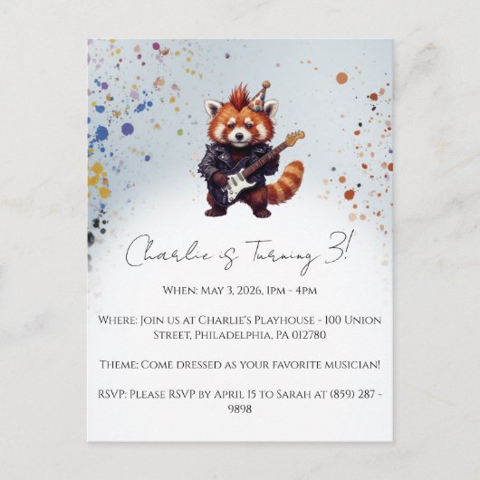 Rote-Panda-Rocker-Geburtstagseinladung Postkarte (Vorderseite)