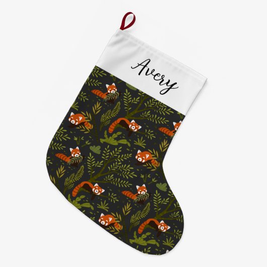 Rote Pandas im Waldschwarz Personalisiert Großer Weihnachtsstrumpf (Vorderansicht (hängend))