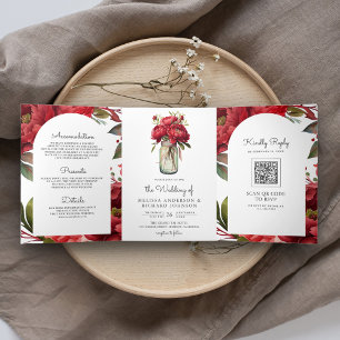 Rote Päonien-Blumen-Mason-Glas-QR-Code-Hochzeit Dreifach Gefaltete Einladung