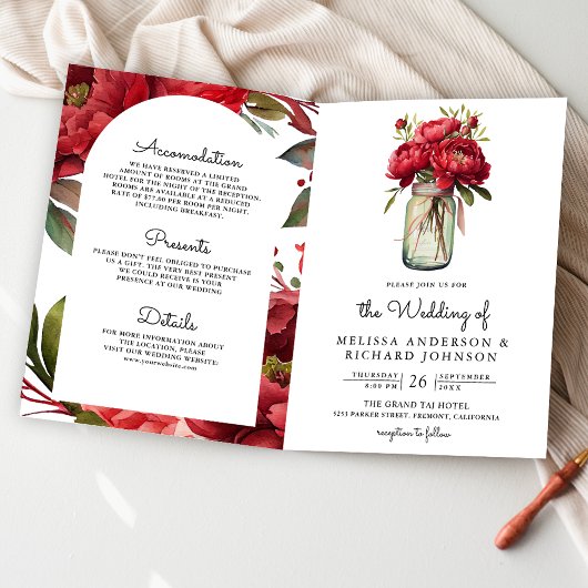 Rote Päonien-Blumen-Mason-Glas-QR-Code-Hochzeit Einladung