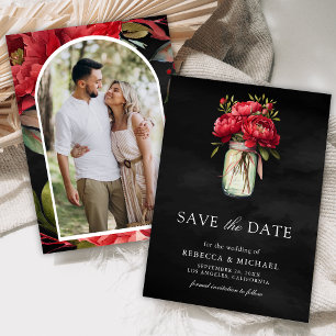 Rote Päonien-Blumen-Mason-Glas Schwarzes Hochzeits Save The Date