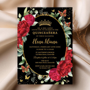 Rote Päonien Florale Schmetterlinge Gold Quinceañe Einladung