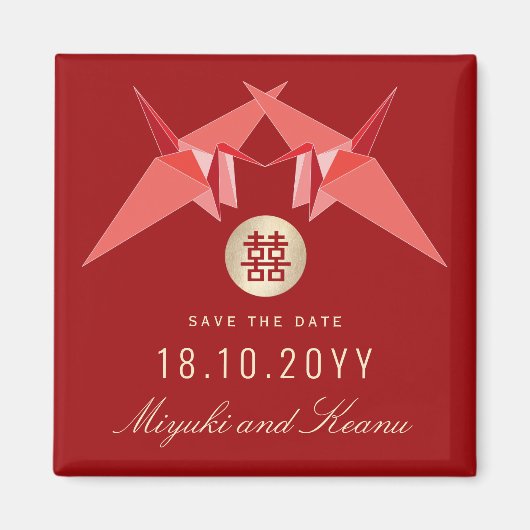 Rote Papierkran und doppeltes Glück Save the Date Magnet (Vorne)