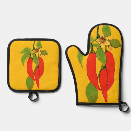 Rote Paprika am Rebstock Ofenhandschuh & Topflappen-Set (Vorderseite)